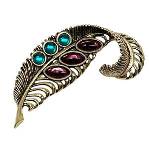Vintage Gold Tone Feather Brooch Pin Purple Aqua Glass Cabochon 2 1/2 Inch EUC